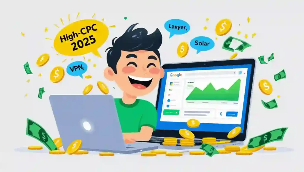 Top High-CPC Keywords for SEO and AdSense in 2025 a kid at a laptop with golden coins and word bubbles showing high-CPC keywords like VPN, Lawyer, and Solar, with an AdSense graph.