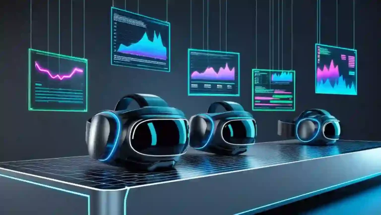 Futuristic workspace with holograms and AR/VR gear symbolizing AR/VR SEO 2025