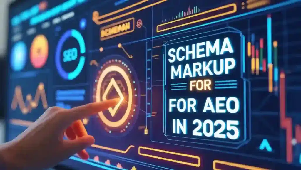 Unlock Schema Markup for AEO in 2025: Fall Behind Competitors Futuristic dashboard showcasing SEO tools and schema markup for AEO in 2025.