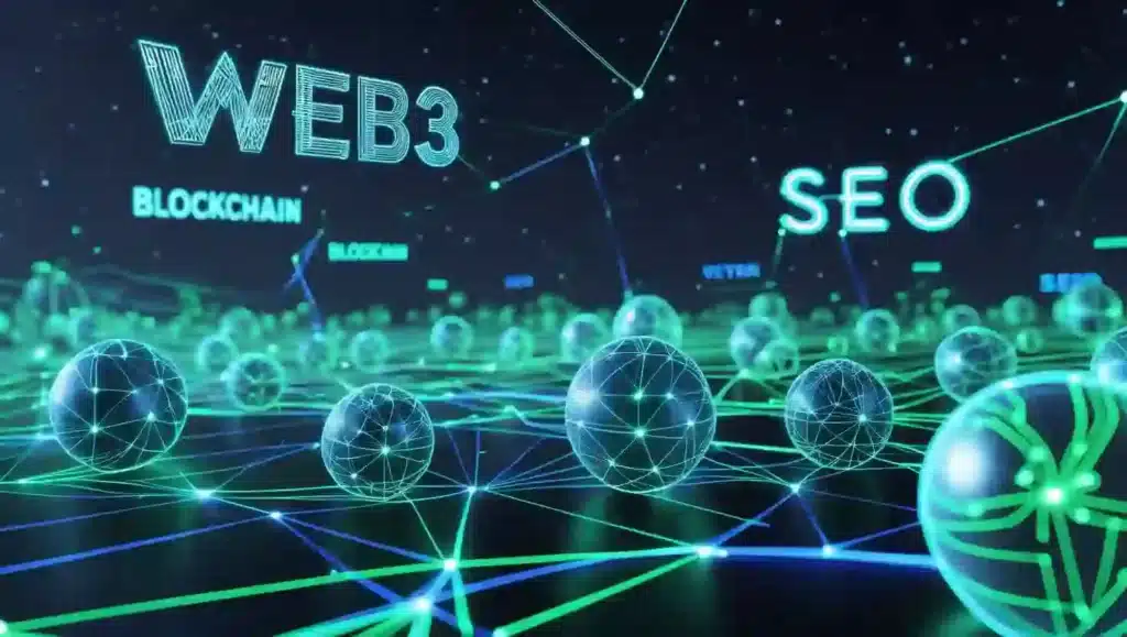 SEO for Web3: Mastering Search Optimization in Decentralized Platforms Futuristic illustration of decentralized networks with keywords related to SEO for Web3