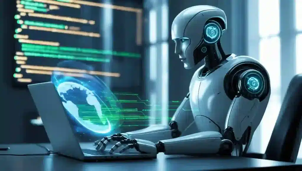 AI-Generated Content and SEO: How to Rank Higher with AI in 2025 Futuristic robot using a laptop to create AI-Generated Content and SEO purposes