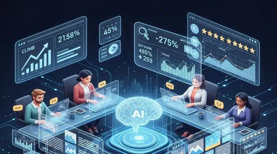 A forward-looking digital landscape illustration showing content creators using AI tools