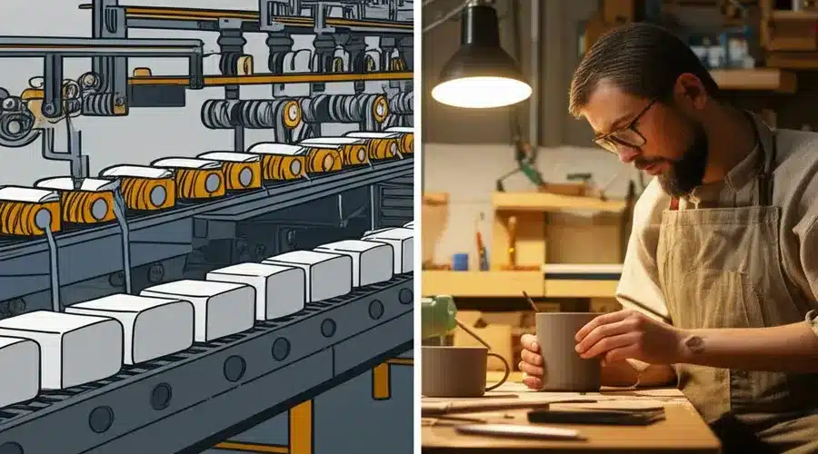 A visual metaphor showing a factory assembly line producing generic content versus an artisan workshop creating custom, high-quality content pieces