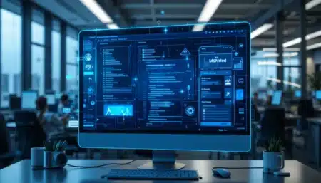 AI Tools building website with holographic interface and floating design elements