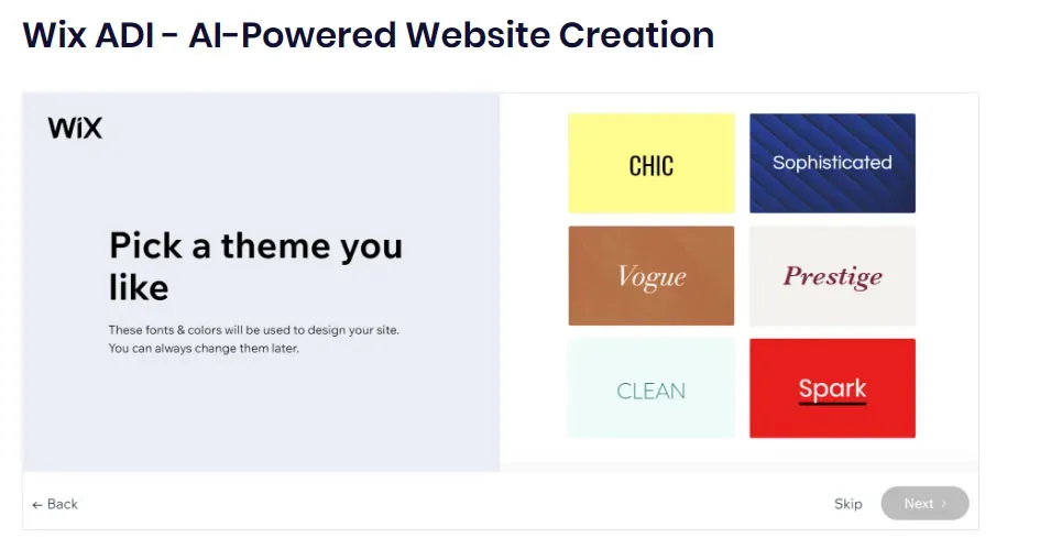 Wix AI website builder dashboard showing multiple design options