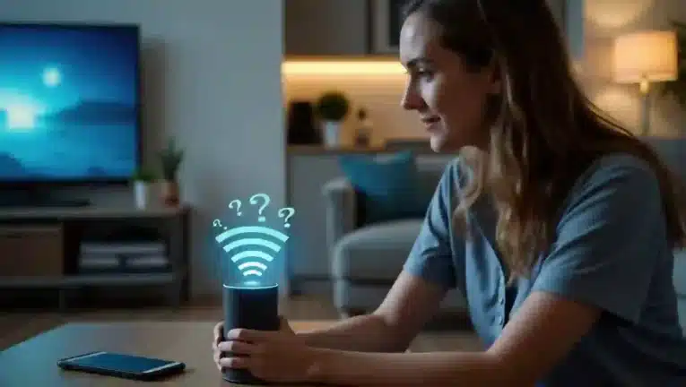Person using a smart speaker for voice search with glowing voice waves and digital icons representing conversational queries and FAQs.