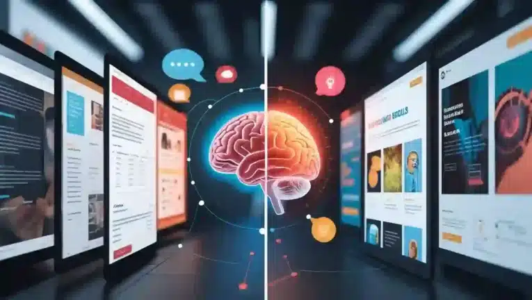 Split-screen showing text-heavy page vs. visually engaging design with brain icon, infographics, and color psychology.