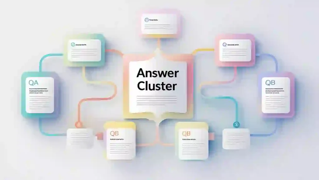 Flowchart showing answer clusters with a pillar page and bite-sized Q&A sections for Zero Click SEO.