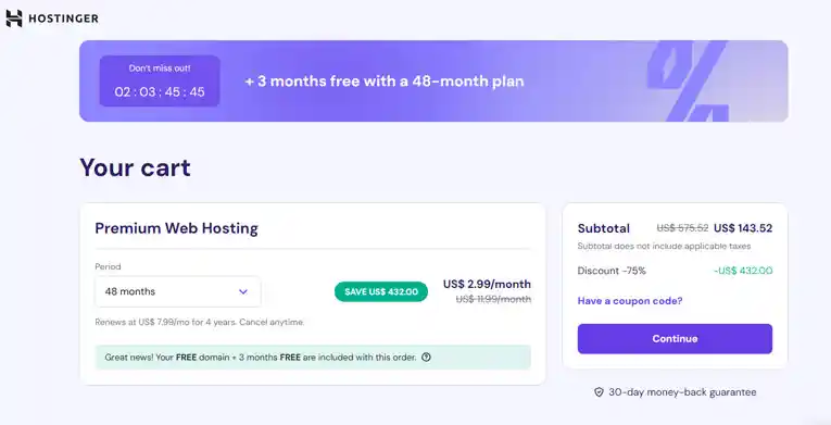 Screen Shot of Hostinger Hosting plan