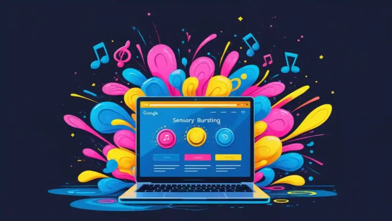 Laptop showing Synesthesia SEO 2025 website with sensory elements and Google logo.