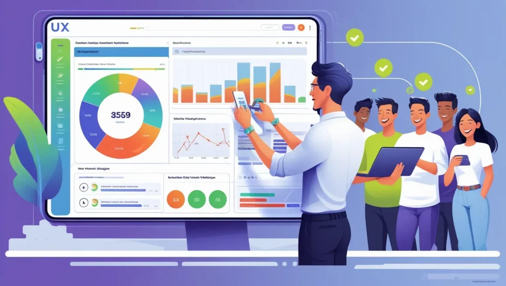 UX designer analyzing website user behavior on a futuristic dashboard
