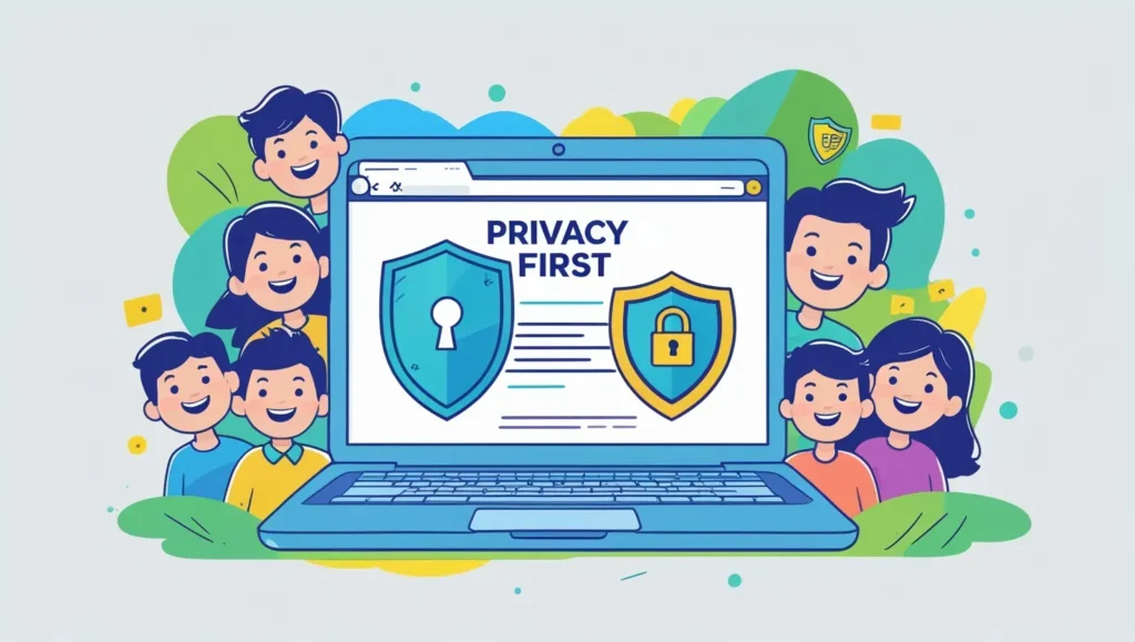 Privacy-First SEO cartoon with laptop and shield