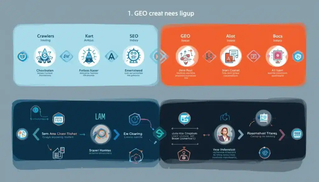Technical workflow comparison between SEO crawling process and GEO AI analysis